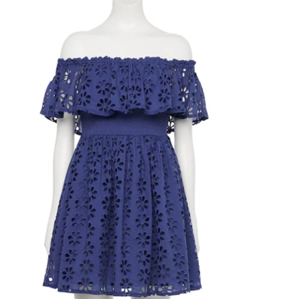 JUNIORS HINT OF MINT BLUE OFF THE SHOULDER COTTON EYLET DRESS SIZE M #624